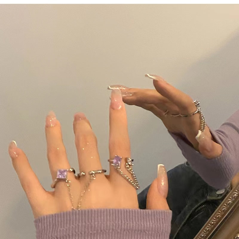 Purple diamond chain tassel ring with light luxury and high quality