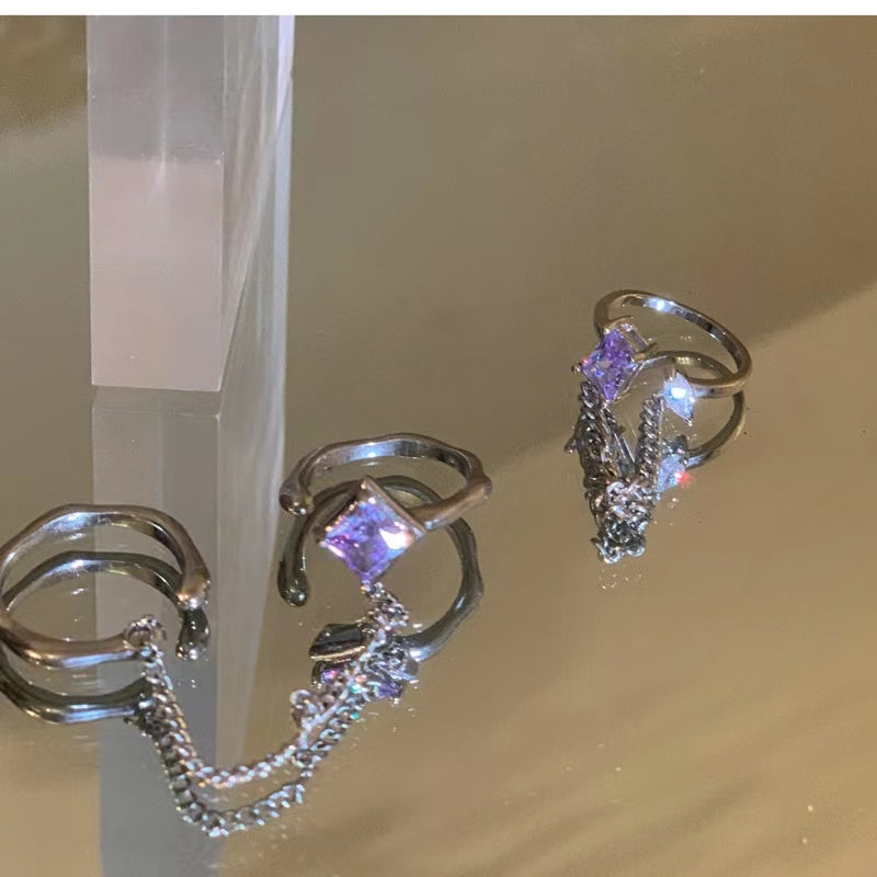 Purple diamond chain tassel ring with light luxury and high quality