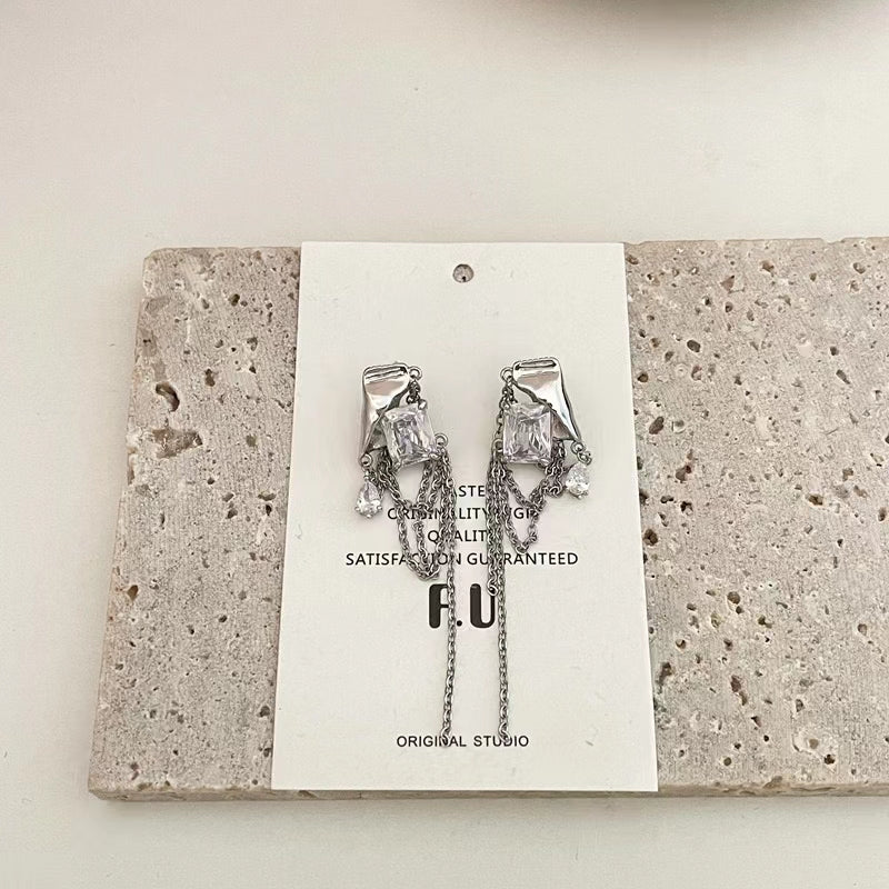 Cube sugar chain tassel Zircon Earrings