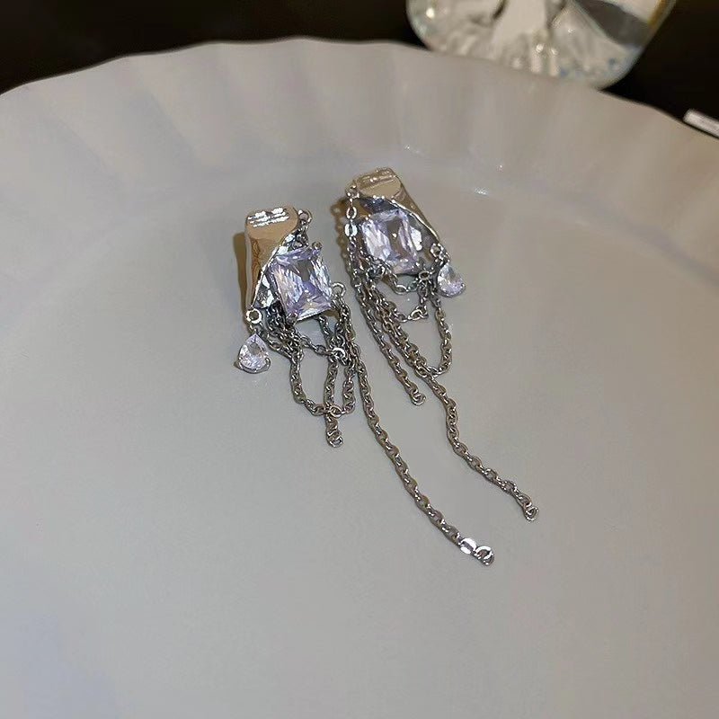 Cube sugar chain tassel Zircon Earrings