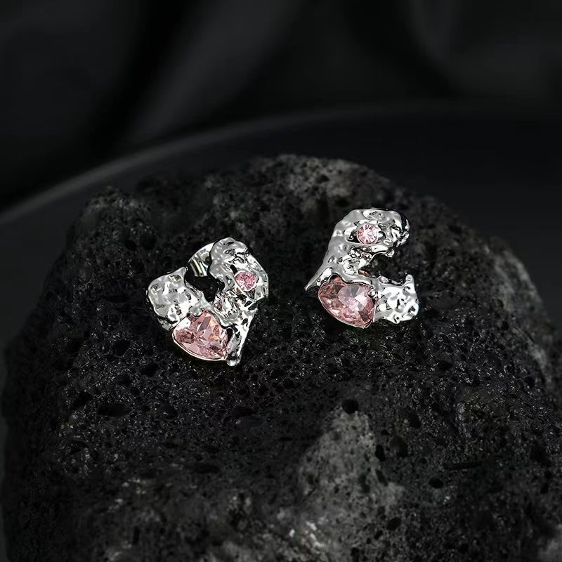 Love earrings female irregular personality ruffle texture pink zirconia earrings ins sweet cool spicy girl hundred match earrings