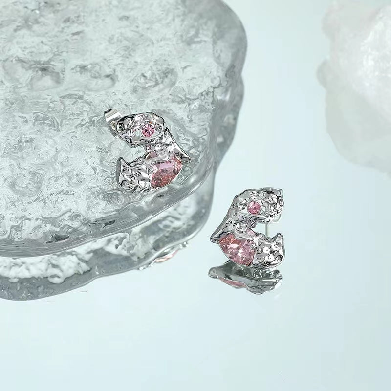 Love earrings female irregular personality ruffle texture pink zirconia earrings ins sweet cool spicy girl hundred match earrings
