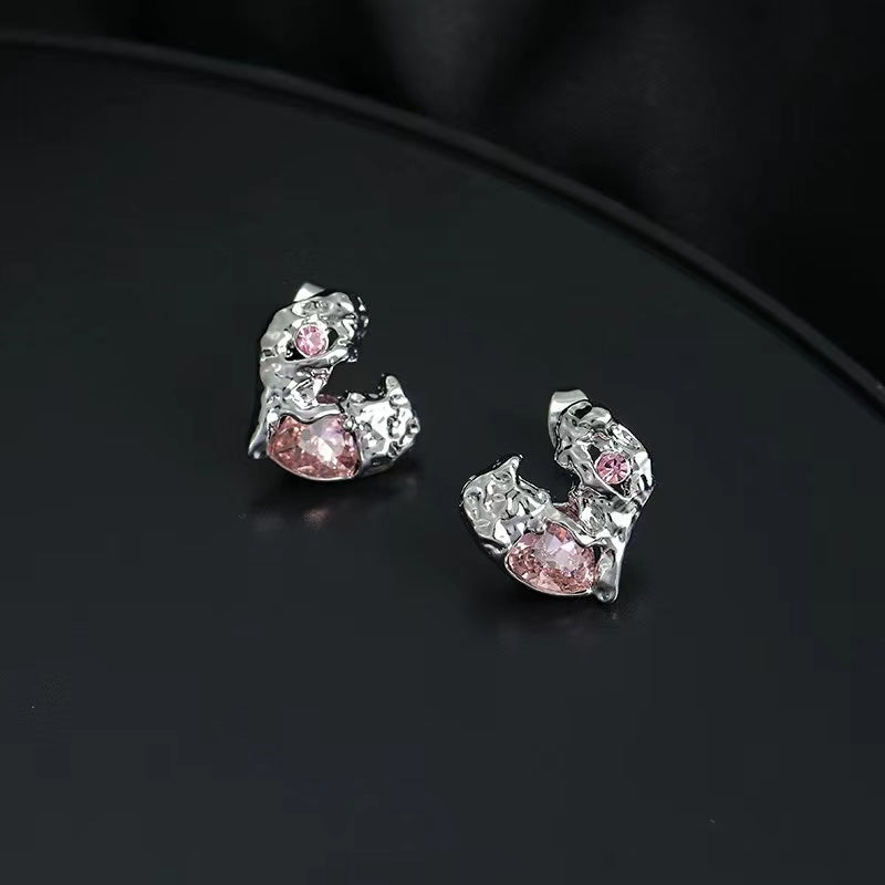 Love earrings female irregular personality ruffle texture pink zirconia earrings ins sweet cool spicy girl hundred match earrings