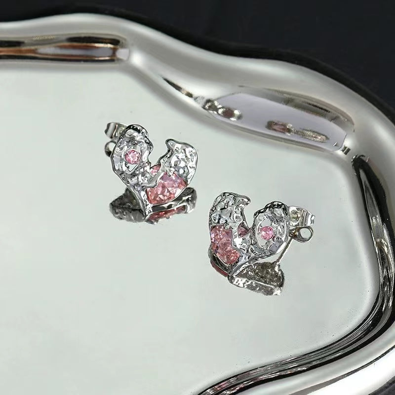 Love earrings female irregular personality ruffle texture pink zirconia earrings ins sweet cool spicy girl hundred match earrings