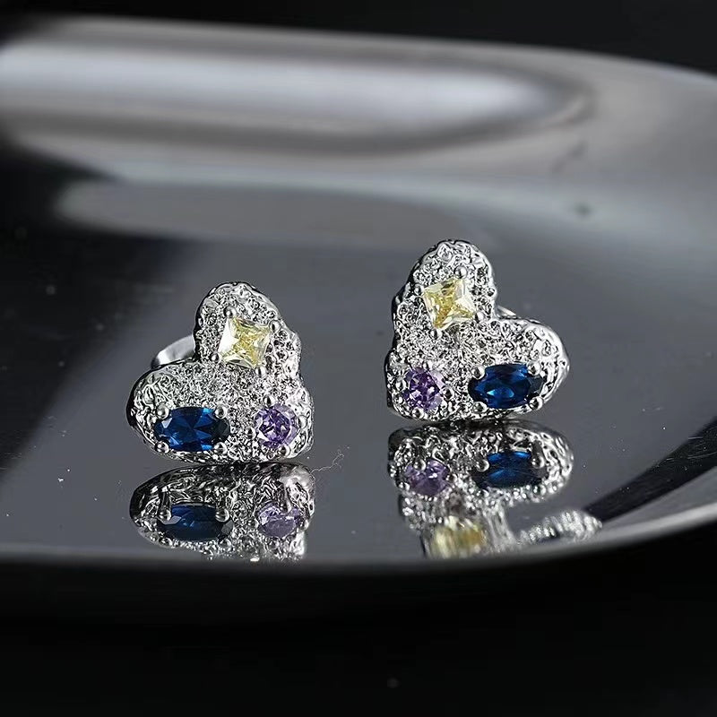 Love earrings female ins cold wind geometry colored zircon 925 silver needle earrings Korea 2022 new earrings