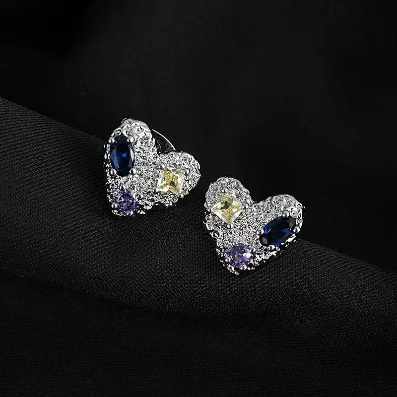 Love earrings female ins cold wind geometry colored zircon 925 silver needle earrings Korea 2022 new earrings