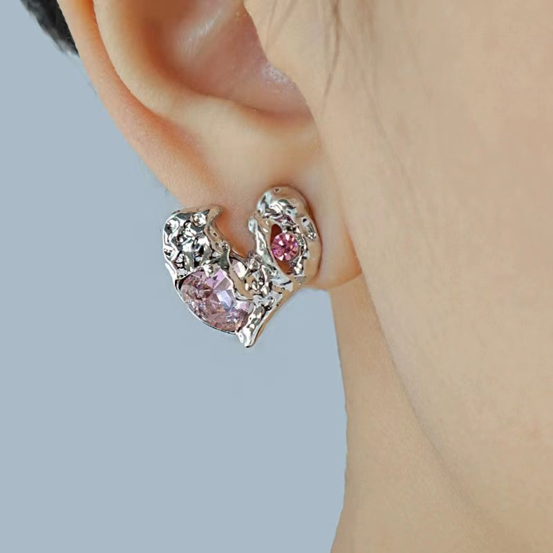 Love earrings female irregular personality ruffle texture pink zirconia earrings ins sweet cool spicy girl hundred match earrings