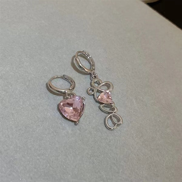 Asymmetric pink zircon heart earrings, niche design, personalized earrings, Fashion Earrings
