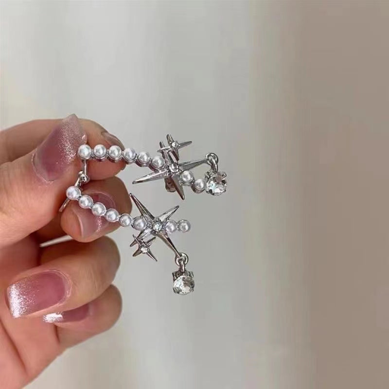 Pearl earrings, ear bone clip, one-piece star shaped design, flash diamond, high-grade sense, earrings with diamond personality