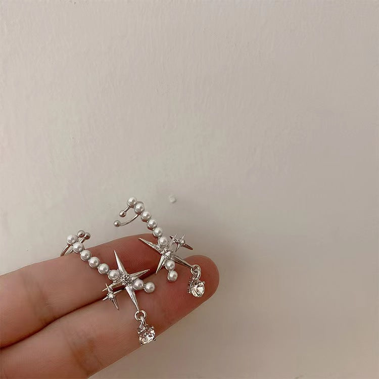 Pearl earrings, ear bone clip, one-piece star shaped design, flash diamond, high-grade sense, earrings with diamond personality