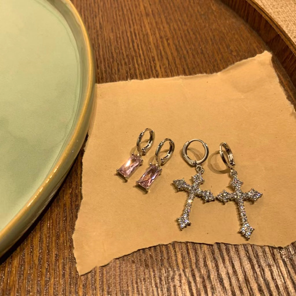 Y2K millennial Spice Girls flash Diamond Cross Earrings, Pink Earrings, fashionable