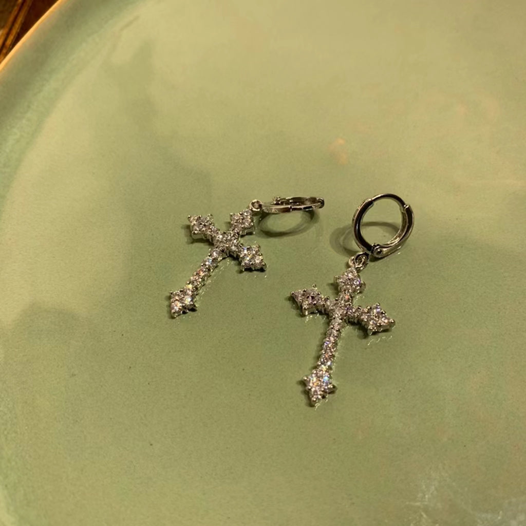 Y2K millennial Spice Girls flash Diamond Cross Earrings, Pink Earrings, fashionable