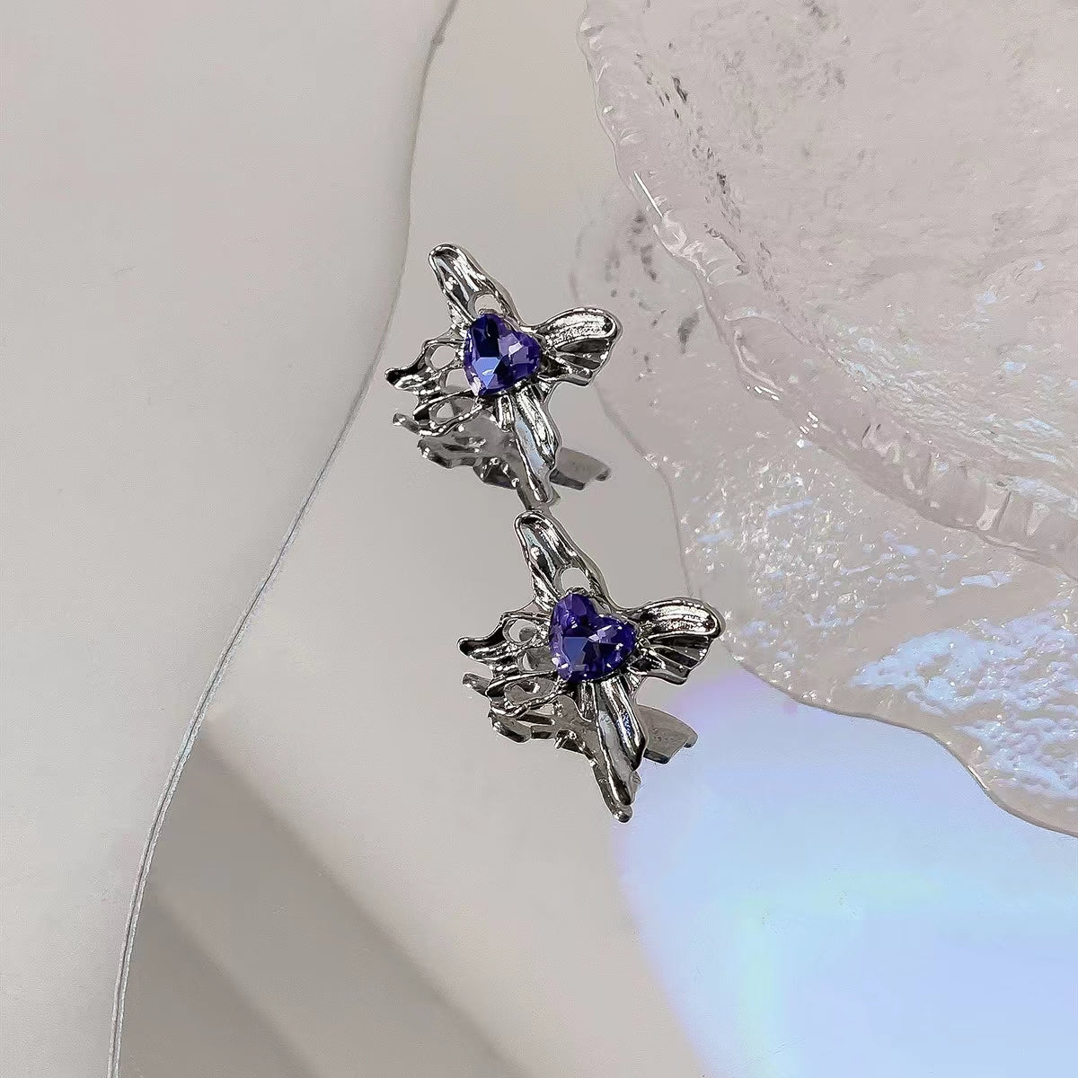 Purple zircon love Bow Earrings female high-grade light luxury sweet cool metal Earrings