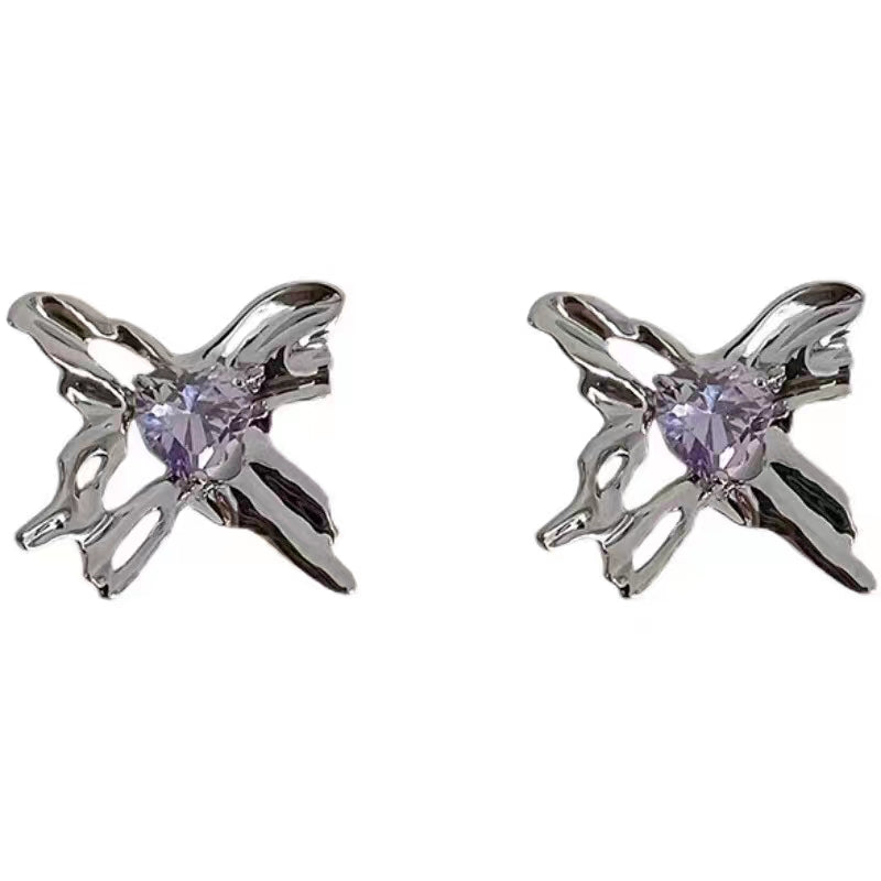 Purple zircon love Bow Earrings female high-grade light luxury sweet cool metal Earrings