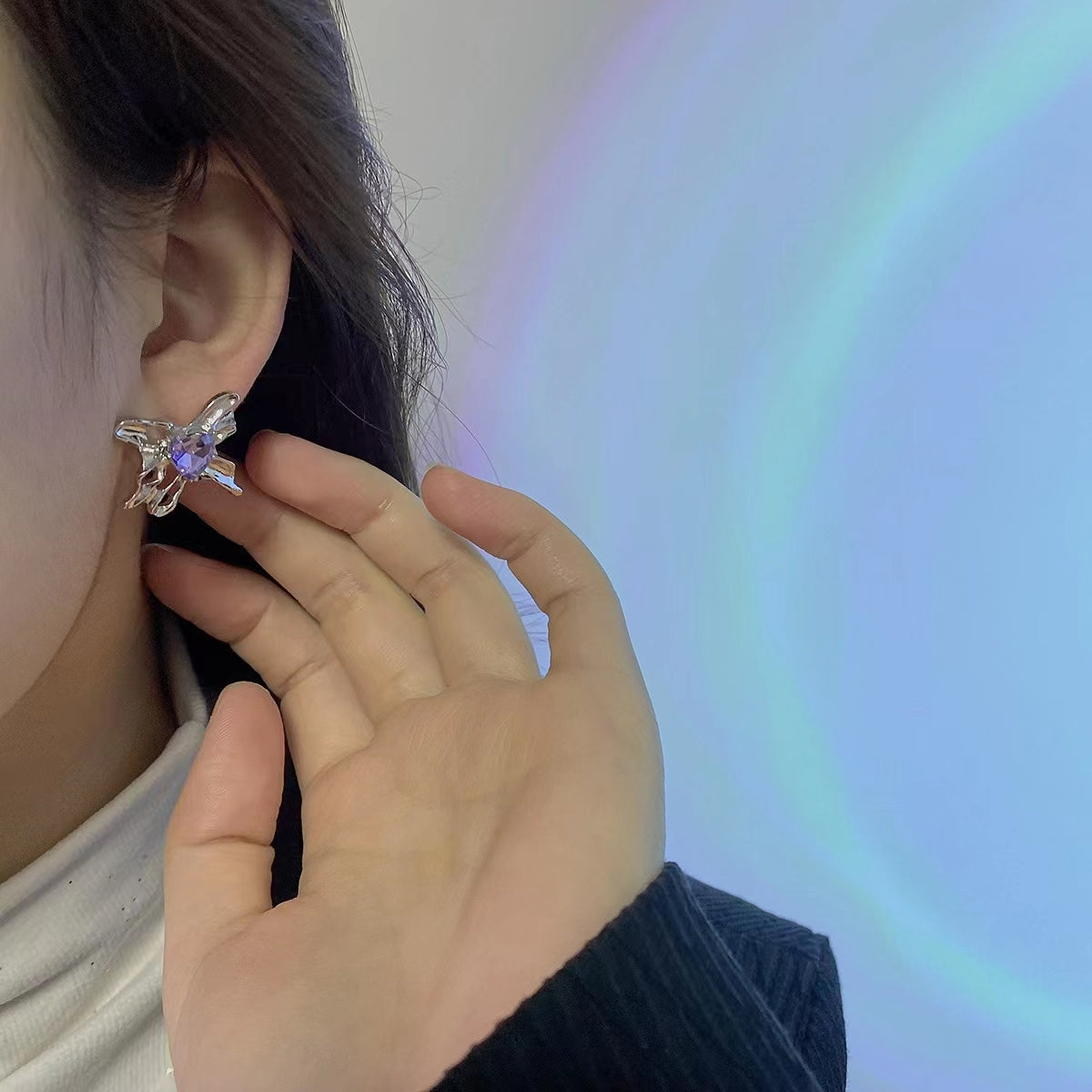 Purple zircon love Bow Earrings female high-grade light luxury sweet cool metal Earrings