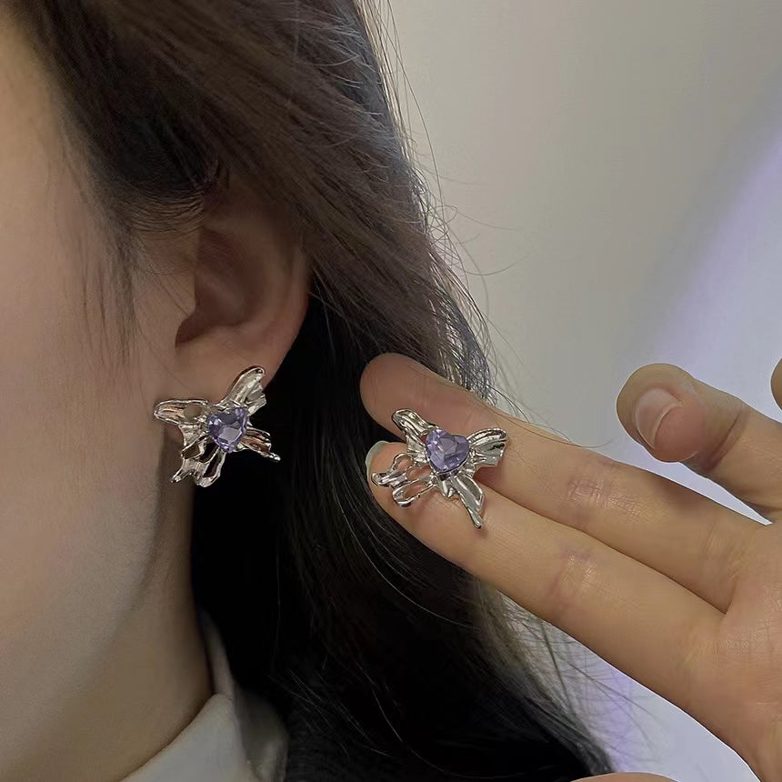 Purple zircon love Bow Earrings female high-grade light luxury sweet cool metal Earrings
