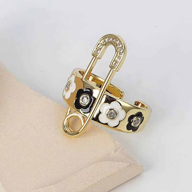 Open mouth ring female European and American pop niche design senior sense drip oil flowers fashion personality tide adjustable