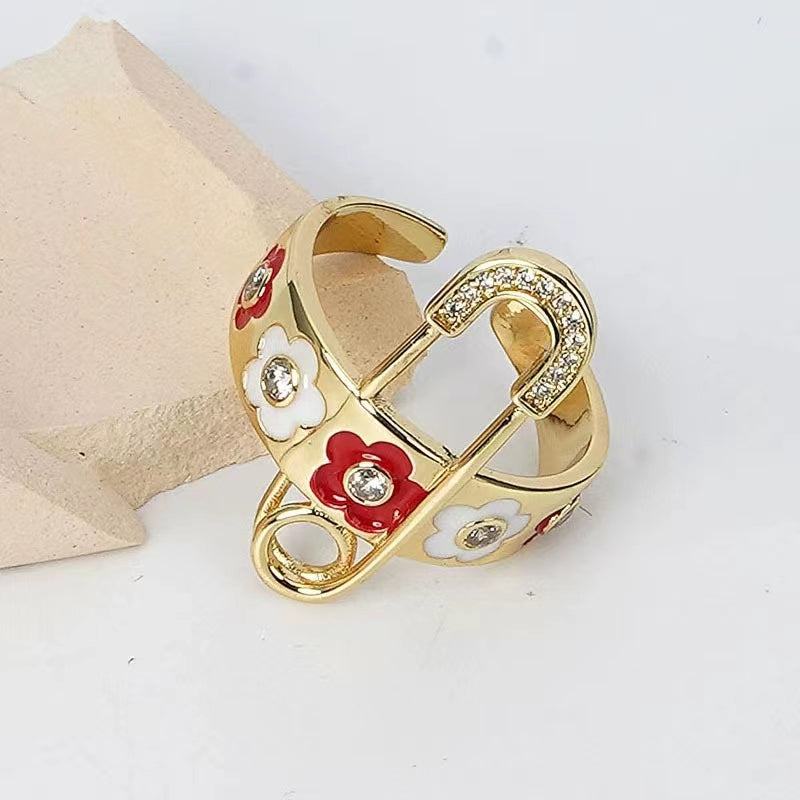 Open mouth ring female European and American pop niche design senior sense drip oil flowers fashion personality tide adjustable