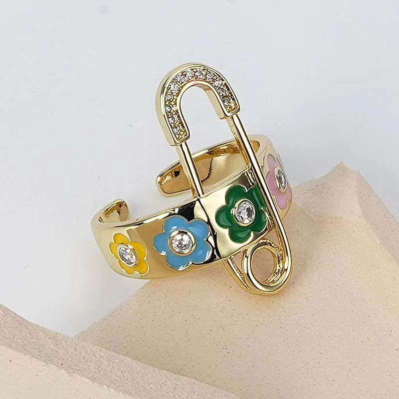Open mouth ring female European and American pop niche design senior sense drip oil flowers fashion personality tide adjustable