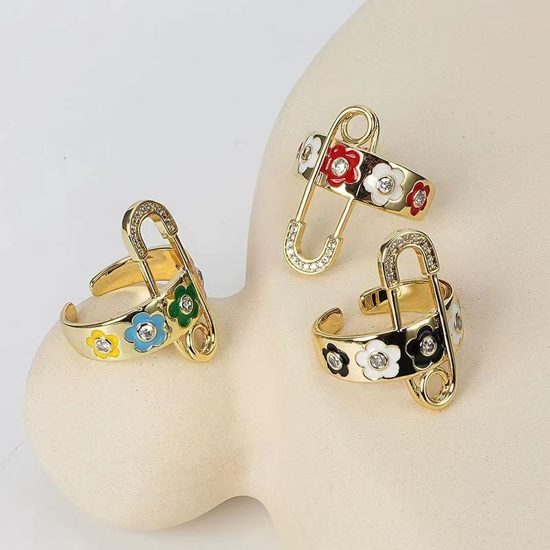 Open mouth ring female European and American pop niche design senior sense drip oil flowers fashion personality tide adjustable