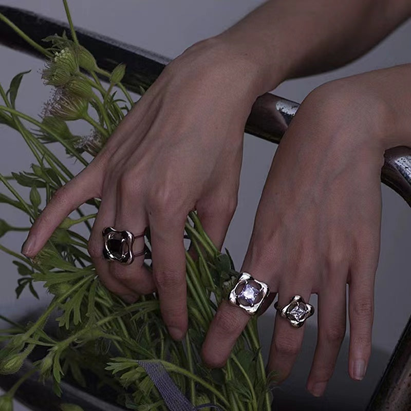 ring female ins niche design geometric zirconia flower jewelry Europe and the United States temperament fashion open ring