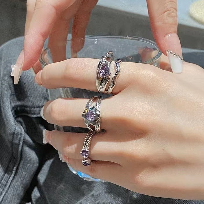Purple Diamond Pendant, adjustable dream purple trend, sweet cool open ring, original ring of the minority