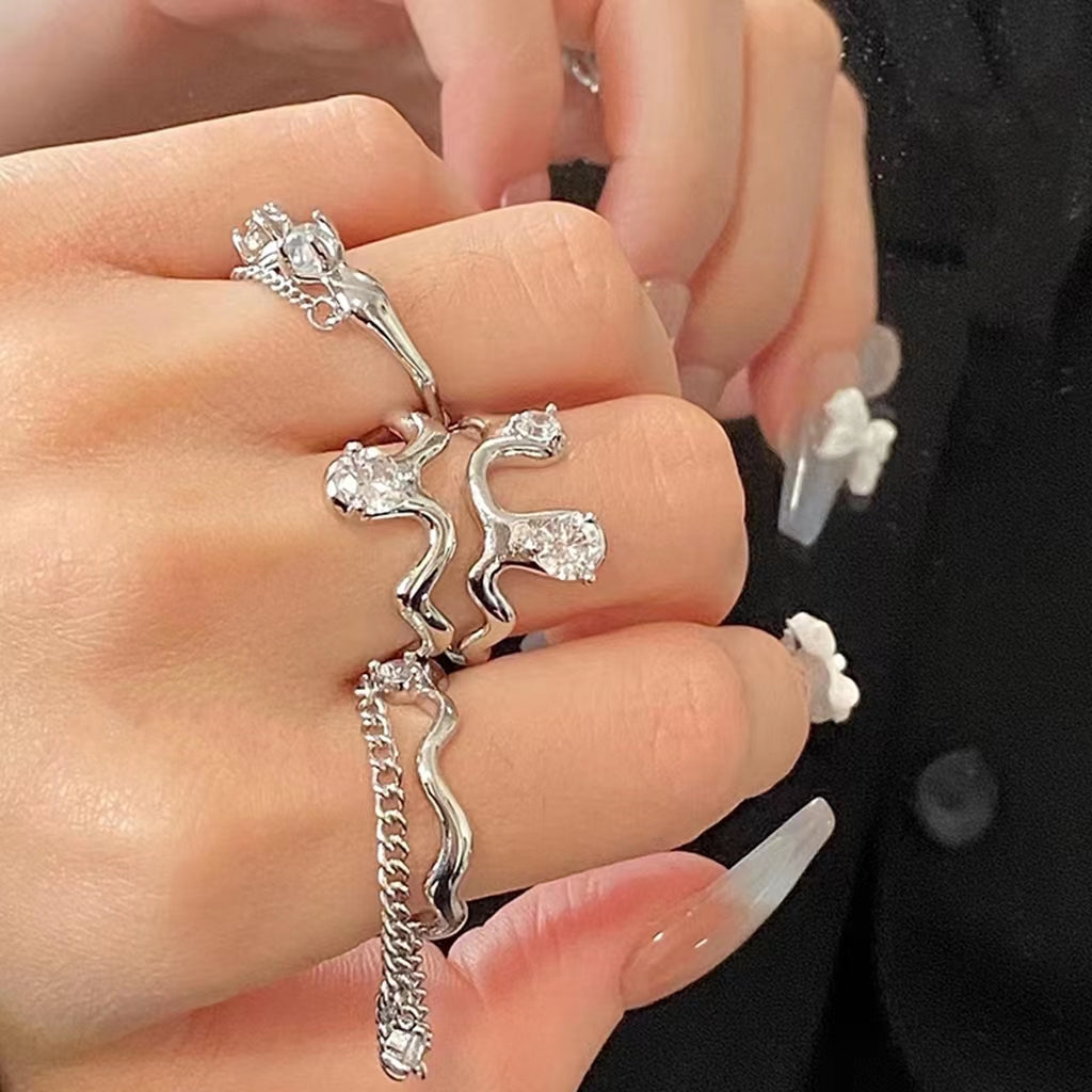 Irregular wavy diamond embellished with cold wind, small crowd, special-shaped combination, stacked open ring