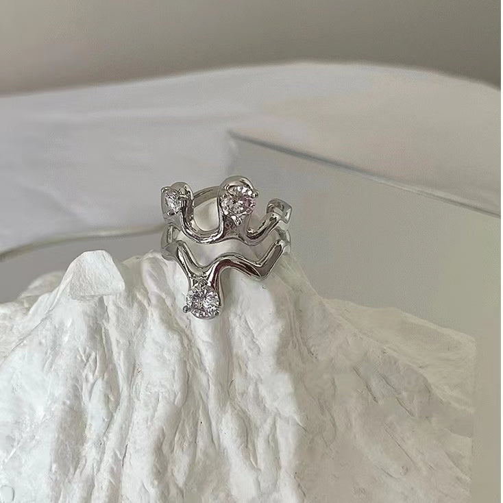 Irregular wavy diamond embellished with cold wind, small crowd, special-shaped combination, stacked open ring