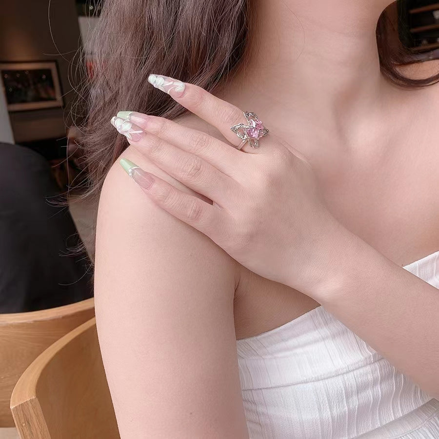 Pink Diamond Butterfly Ring Adjustable sweet cool spice Y2K open ring