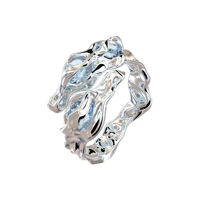Time poet wave pair ring pure silver blue crystal texture adjustable couple minority design