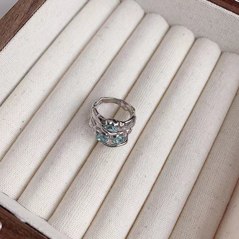 Time poet wave pair ring pure silver blue crystal texture adjustable couple minority design