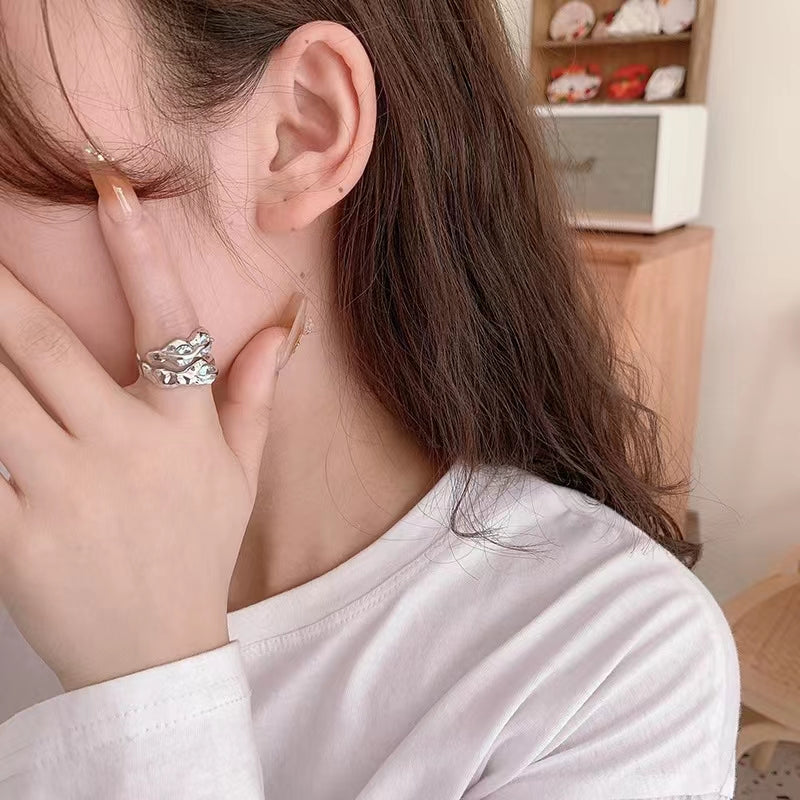 Time poet wave pair ring pure silver blue crystal texture adjustable couple minority design