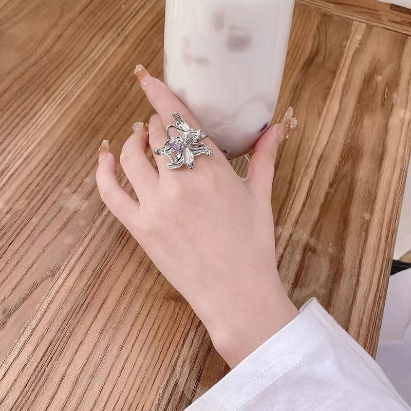 Water drop purple zirconium quasi liquid petal fashion ring personality ring index finger ring