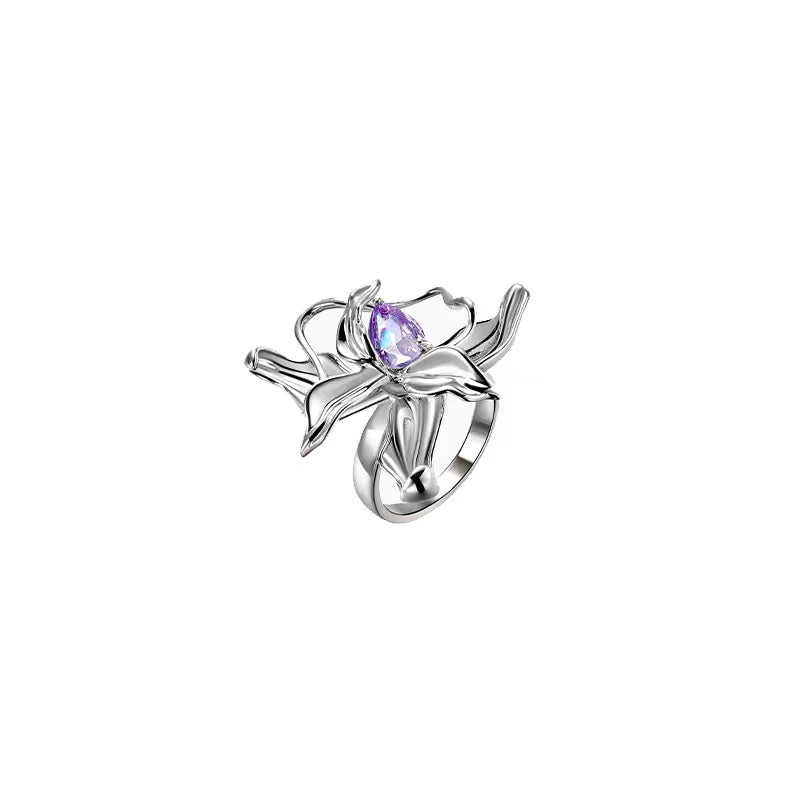Water drop purple zirconium quasi liquid petal fashion ring personality ring index finger ring
