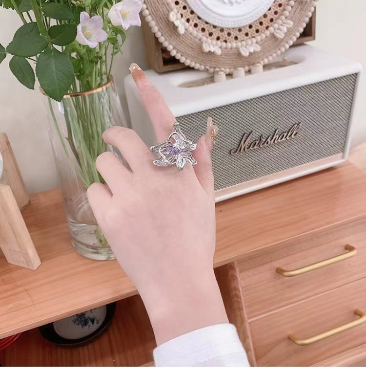 Water drop purple zirconium quasi liquid petal fashion ring personality ring index finger ring