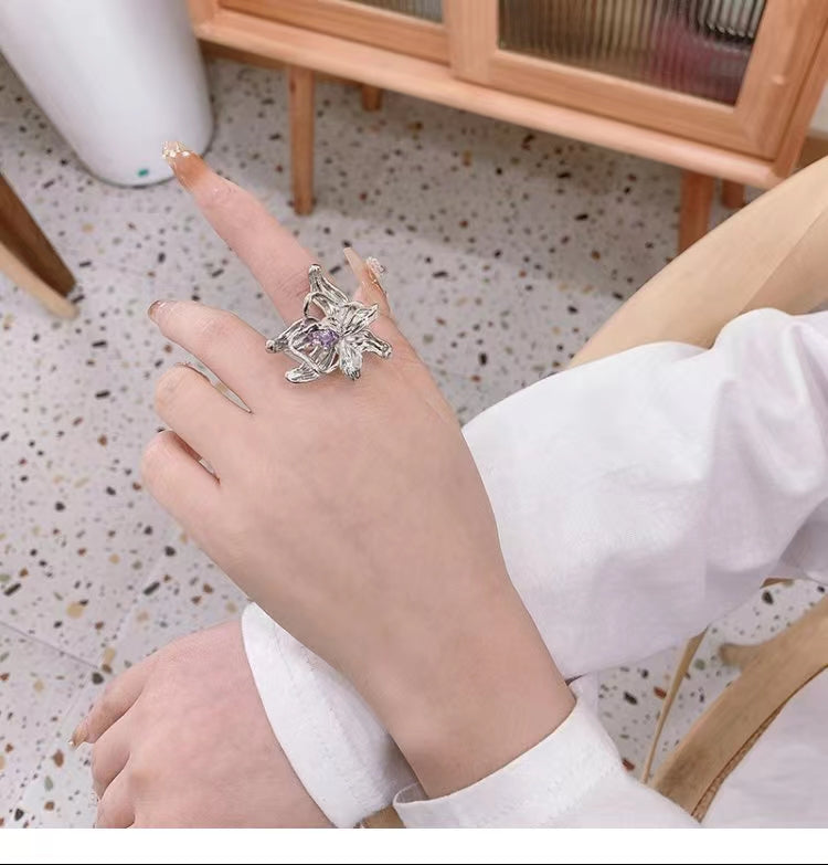 Water drop purple zirconium quasi liquid petal fashion ring personality ring index finger ring