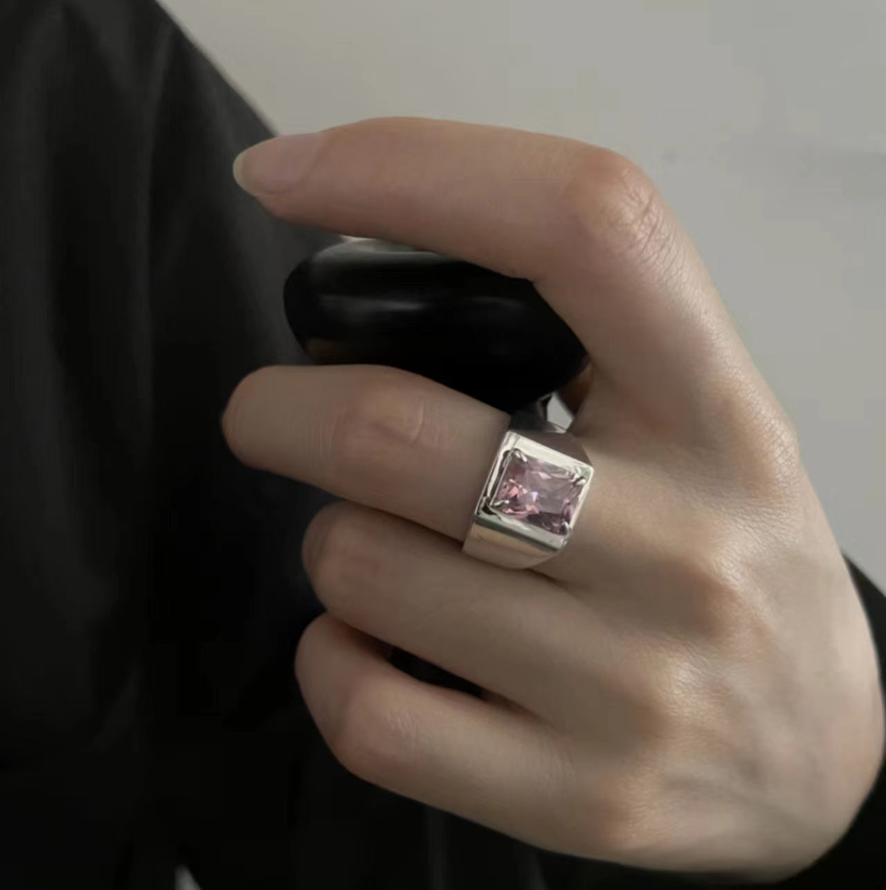 -Optional pink zircon heavy industry ring female ins cold wi