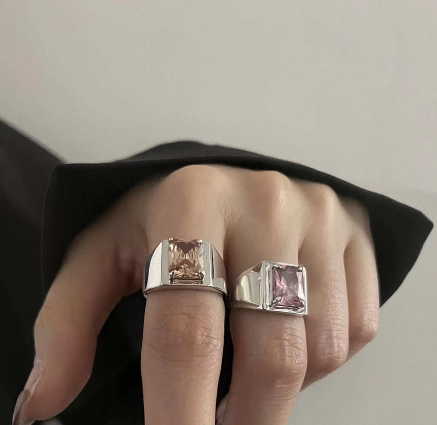 -Optional pink zircon heavy industry ring female ins cold wi