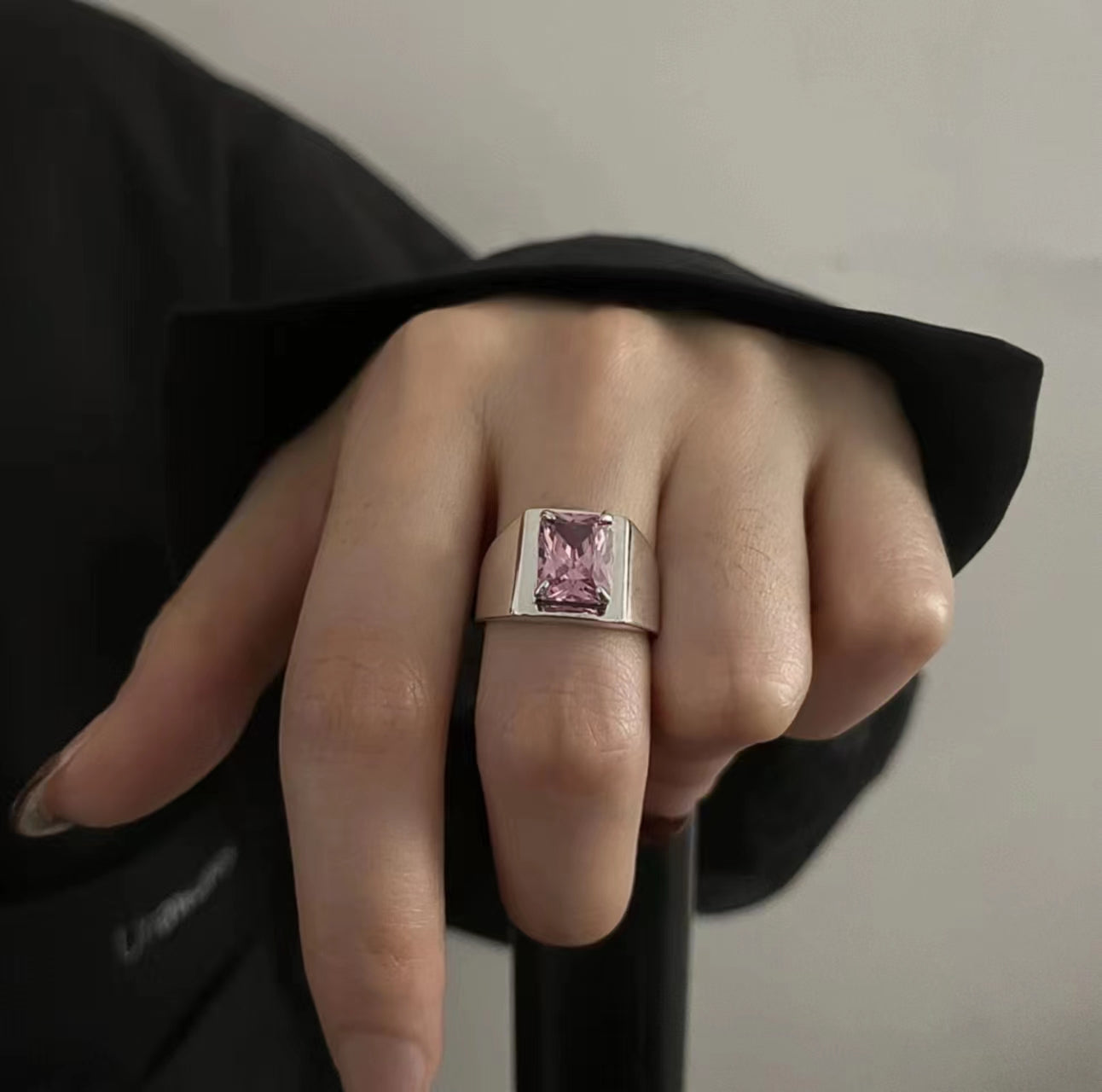 -Optional pink zircon heavy industry ring female ins cold wi