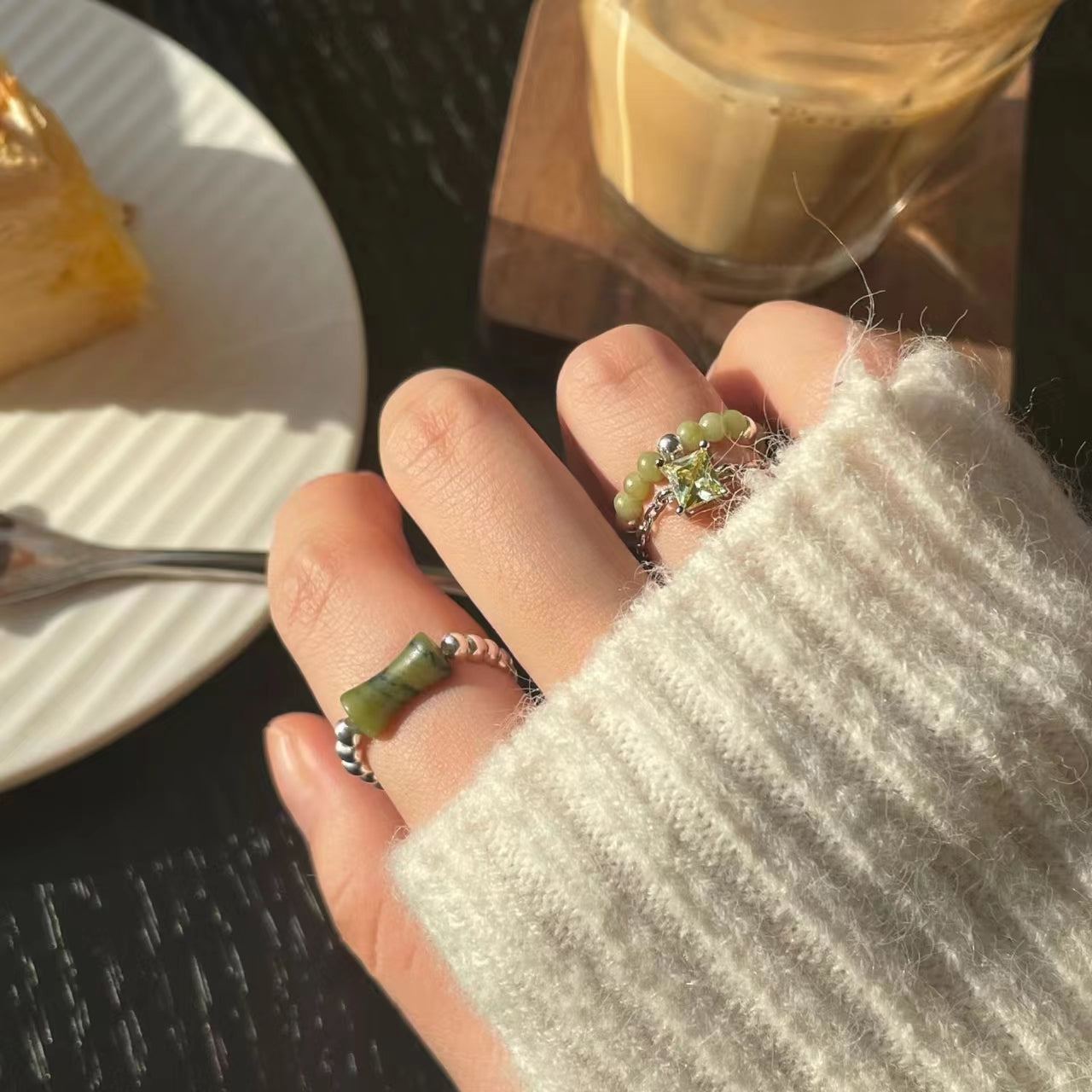 S925 sterling silver ring, small crowd Beaded jade ring (female)