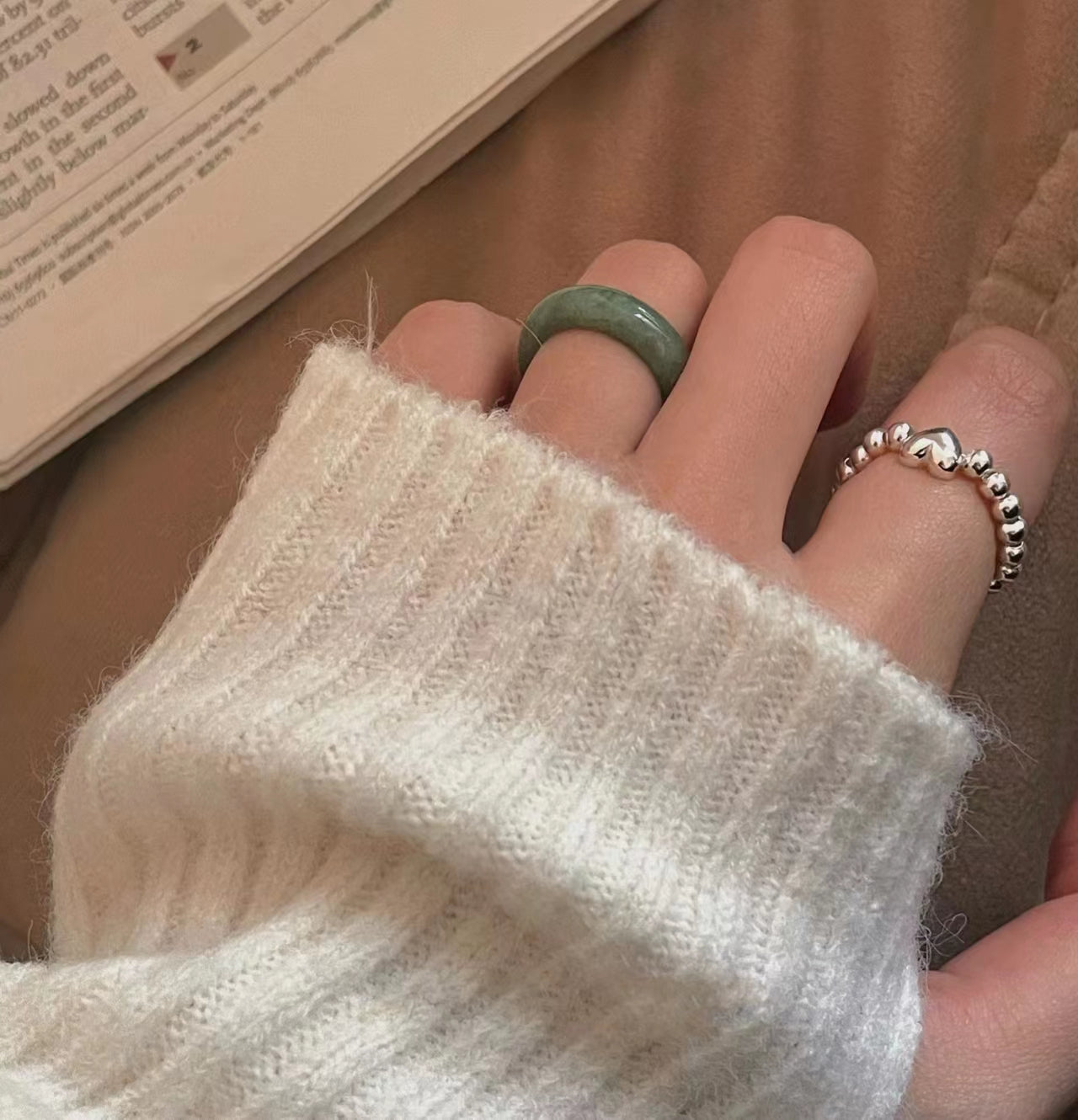S925 sterling silver ring, small crowd Beaded jade ring (female)