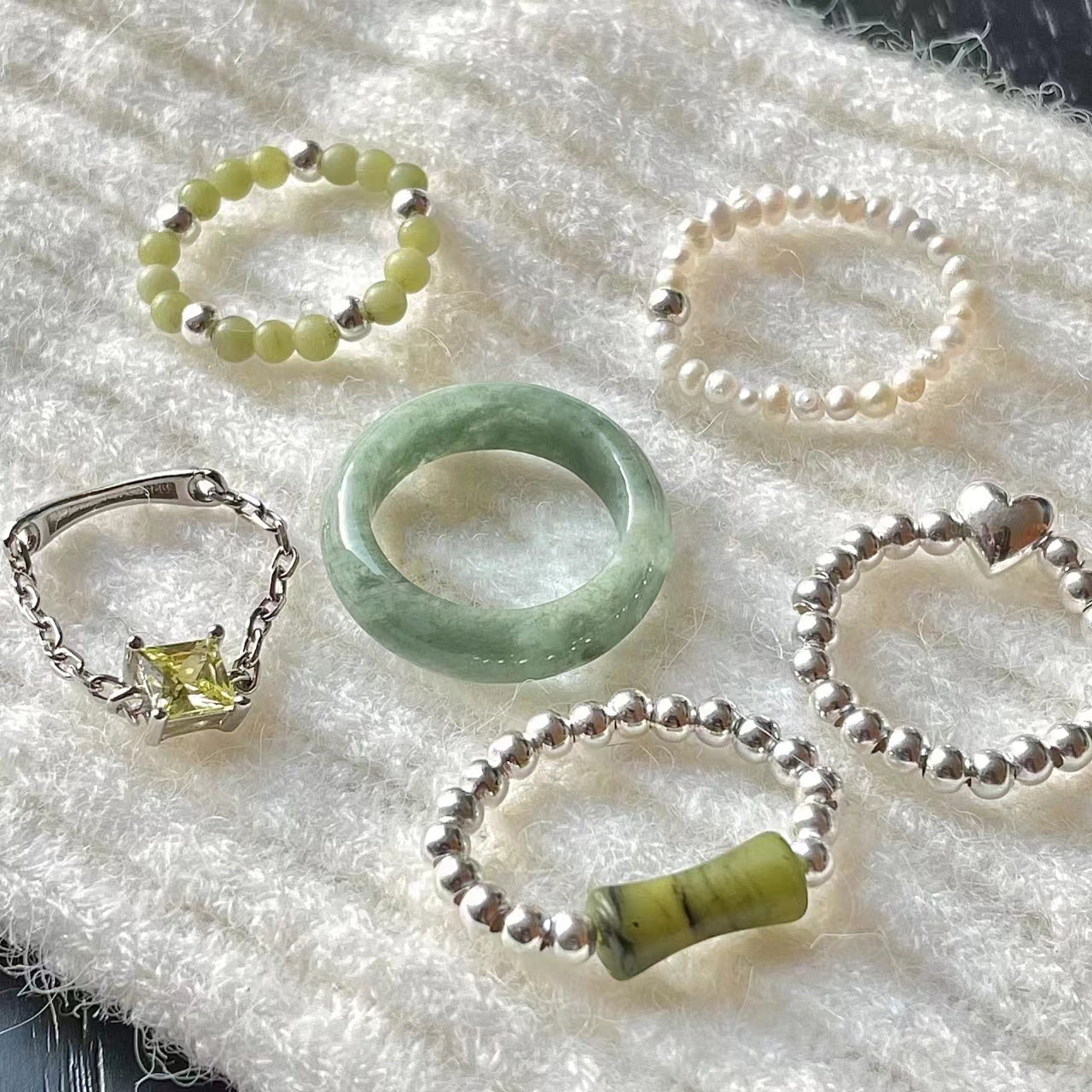 S925 sterling silver ring, small crowd Beaded jade ring (female)