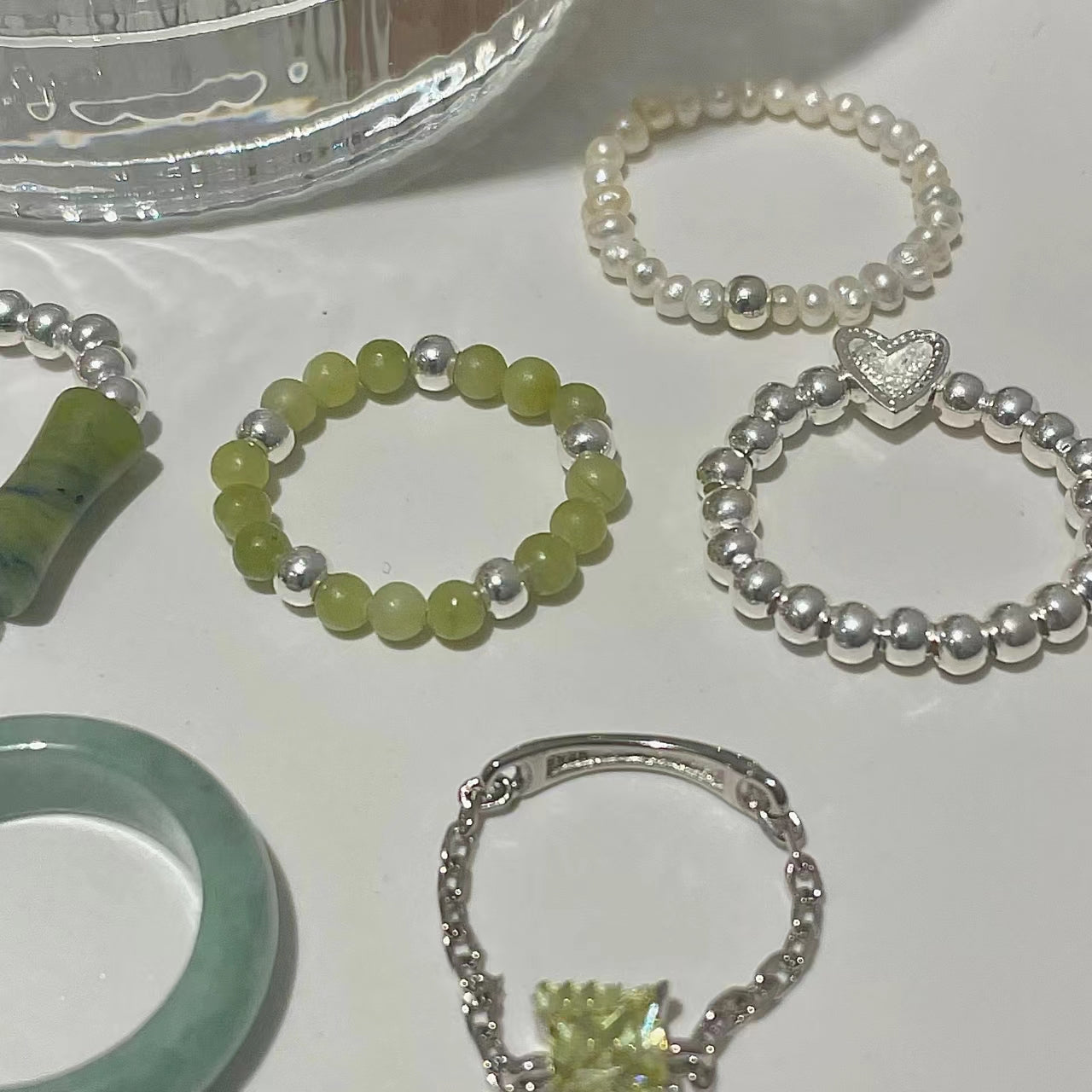 S925 sterling silver ring, small crowd Beaded jade ring (female)