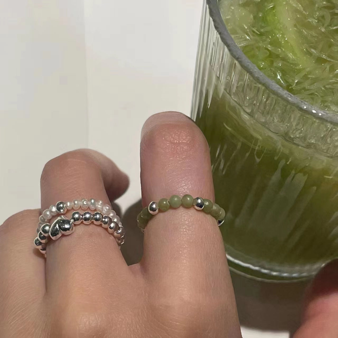 S925 sterling silver ring, small crowd Beaded jade ring (female)
