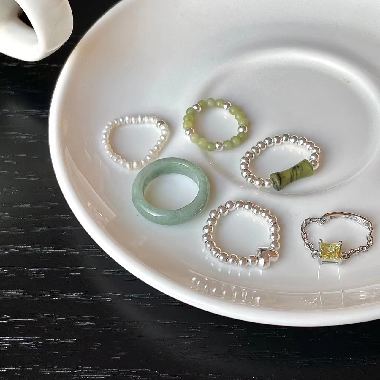 S925 sterling silver ring, small crowd Beaded jade ring (female)