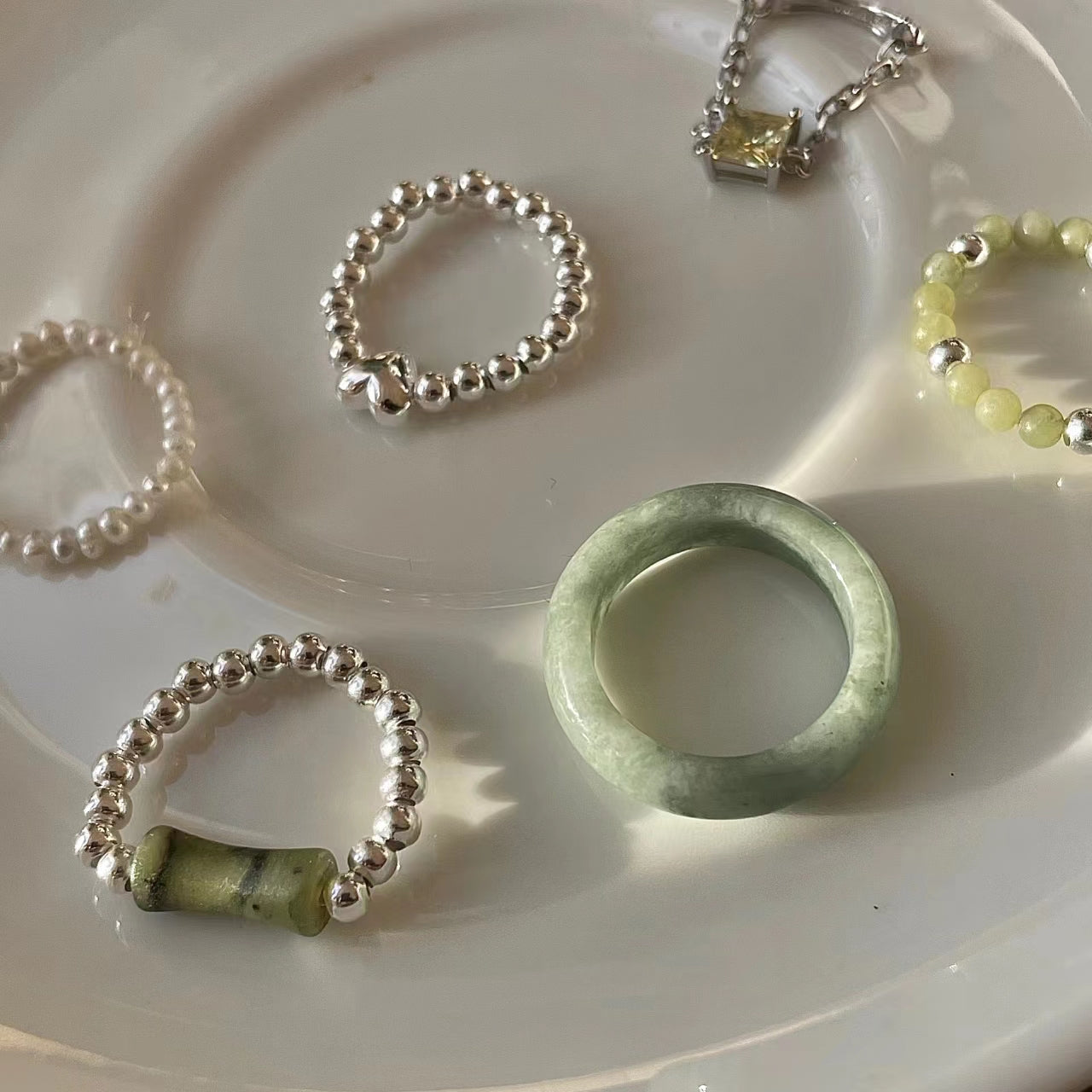 S925 sterling silver ring, small crowd Beaded jade ring (female)