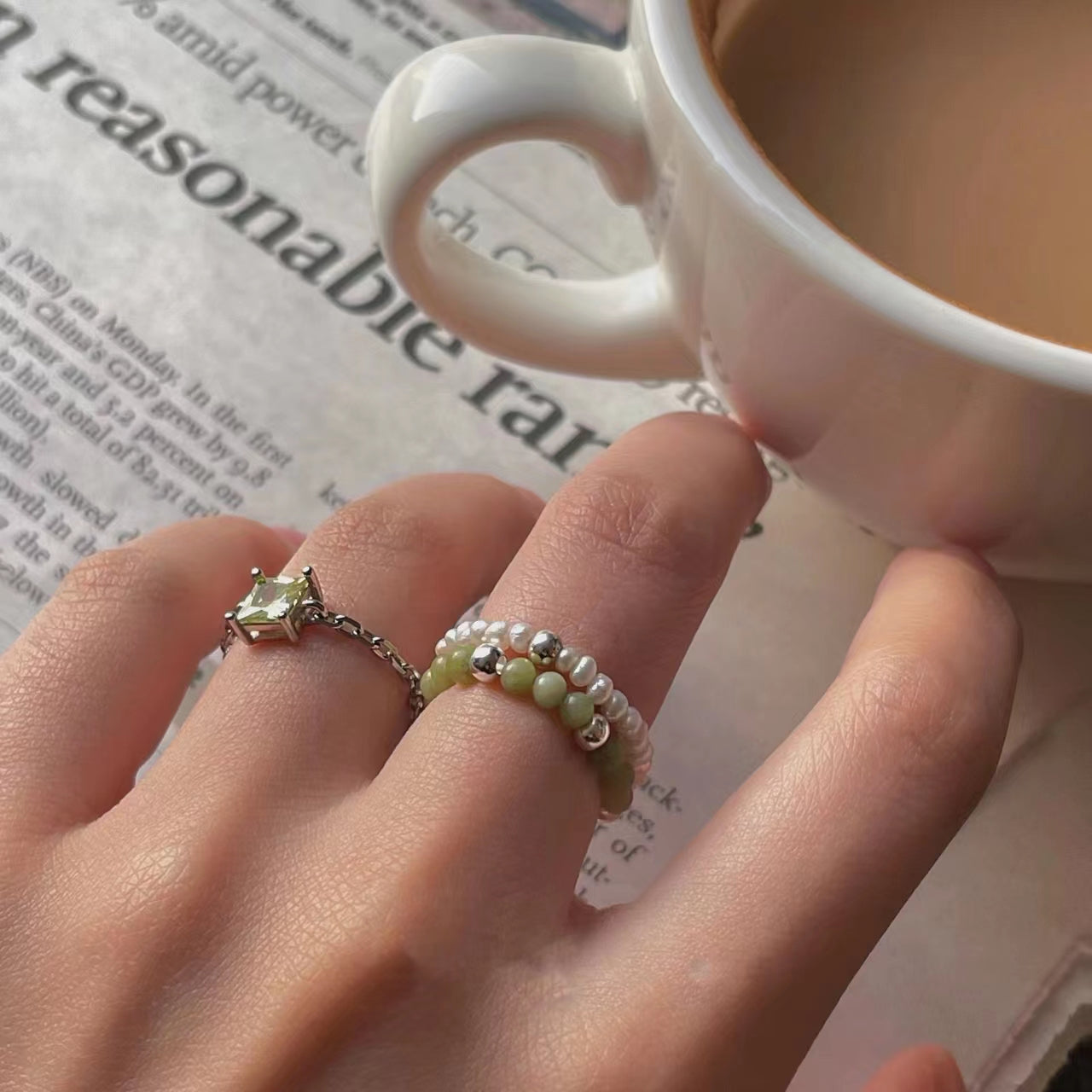S925 sterling silver ring, small crowd Beaded jade ring (female)
