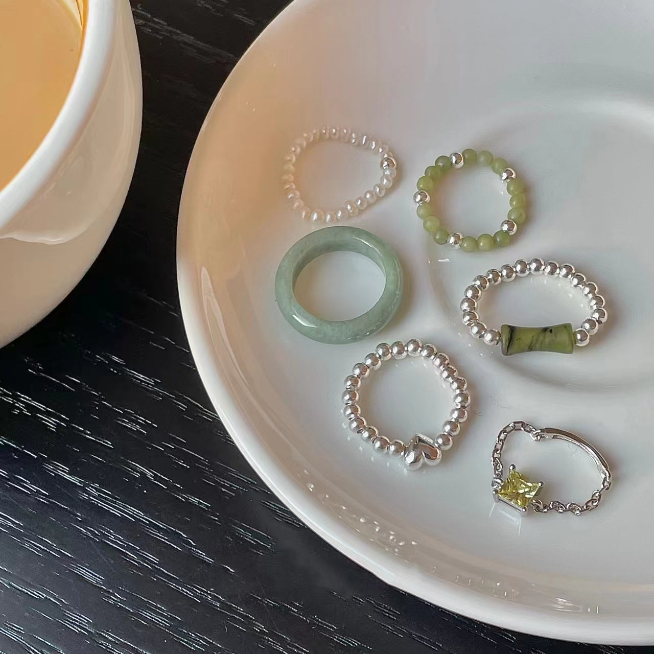 S925 sterling silver ring, small crowd Beaded jade ring (female)