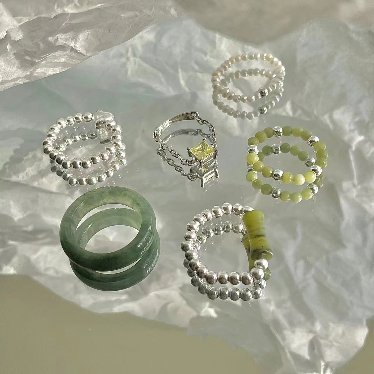 S925 sterling silver ring, small crowd Beaded jade ring (female)