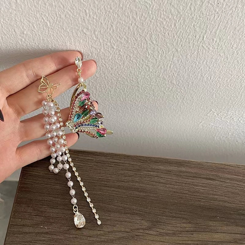Light luxury color diamond crystal butterfly hairpin hairband super fairy pearl tassel temperament versatile